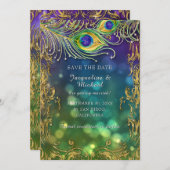 Peacock Feather Antiek  gouden rol Bokeh Save The Date (Voorkant / Achterkant)