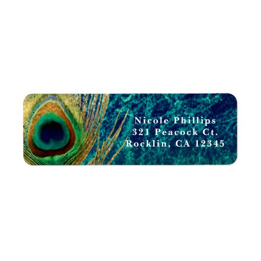 Peacock Feather Blue Blauwgroen Gold Boho Invitati Etiket (Voorkant)
