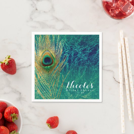 Peacock Feather Blue Blauwgroen Gold Exotic Custom Servetten (Insitu)