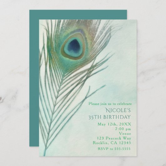 Peacock Feather Boho Chic Watercolor Invitations (Devant / Derrière)