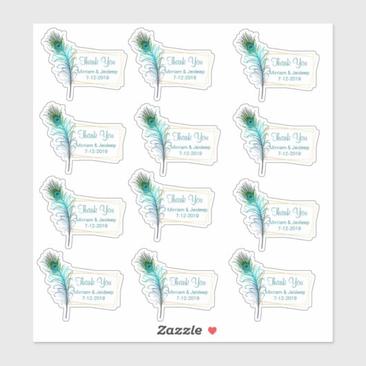 Peacock Feather Bruiloft Dank u Favor Sticker (Vel)