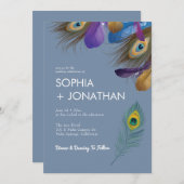 Peacock Feather Dusty Blue Wedding Modern Chic Kaart (Voorkant / Achterkant)