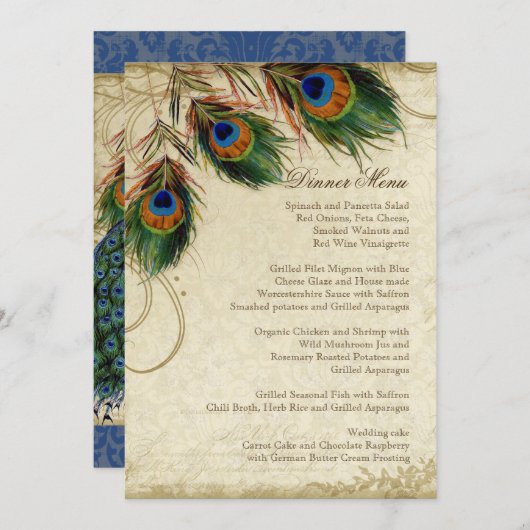 Peacock Feather Elegant Classic Navy Dinner Menu (Devant / Derrière)