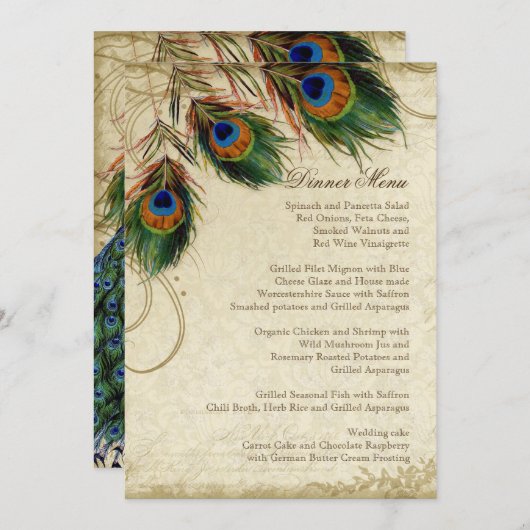 Peacock & Feather Elegant Matching Diner Menu (Devant / Derrière)