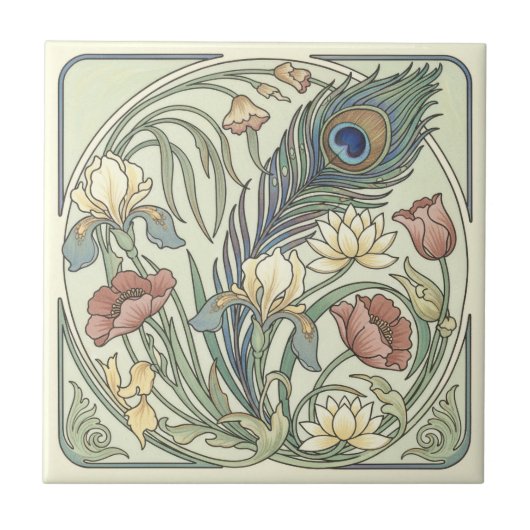 Peacock Feather Floral Art Nouveau Pat#1 ID1193 Tegeltje (Voorkant)