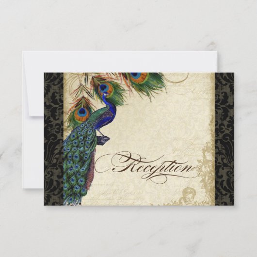 Peacock & Feather Formal Réception Invitation Noir (Devant)