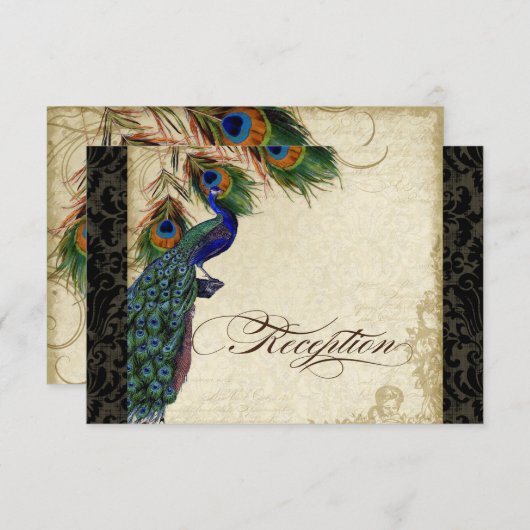 Peacock & Feather Formal Réception Invitation Noir (Devant / Derrière)