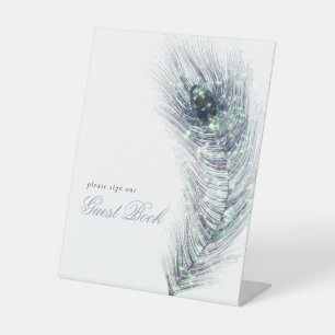 Peacock Feather Gastenboek Bruiloft Reclamebord Met Voetstuk