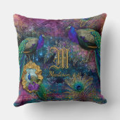  Peacock Feather Glitter Monogram Naam Kussen (Achterkant)