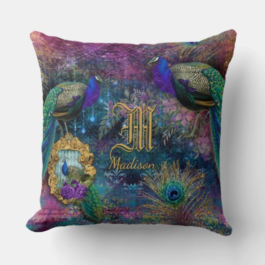  Peacock Feather Glitter Monogram Naam Kussen (Voorkant)