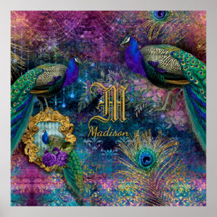 Peacock Feather Glitter Monogram Naam Poster
