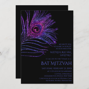 Peacock Feather Glitter Paars Bat Mitzvah Logo Kaart