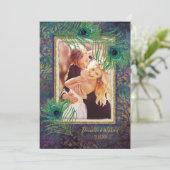 Peacock Feather Glitter Paarse Foto slaat Datum op Save The Date (Staand voorkant)