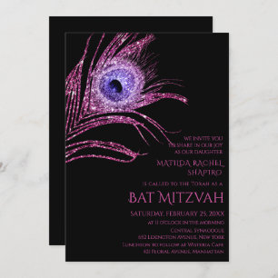 Peacock Feather Glitter Pink Bat Mitzvah Logo Kaart