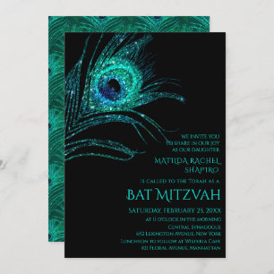 Peacock Feather Glitter Turquoise Bat Mitzvah Logo Kaart