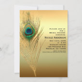 Peacock Feather Gold Exotic Boho Chic Uitnodiginge Kaart (Voorkant)