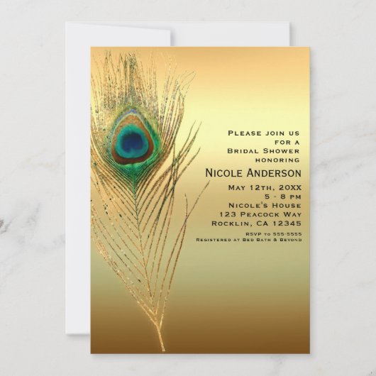 Peacock Feather Gold Exotic Boho Chic Uitnodiginge Kaart (Voorkant)