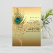 Peacock Feather Gold Exotic Boho Chic Uitnodiginge Kaart (Staand voorkant)