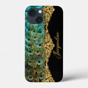 Peacock Feather Gold Glitter  Script Name iPhone 13 Mini Hoesje