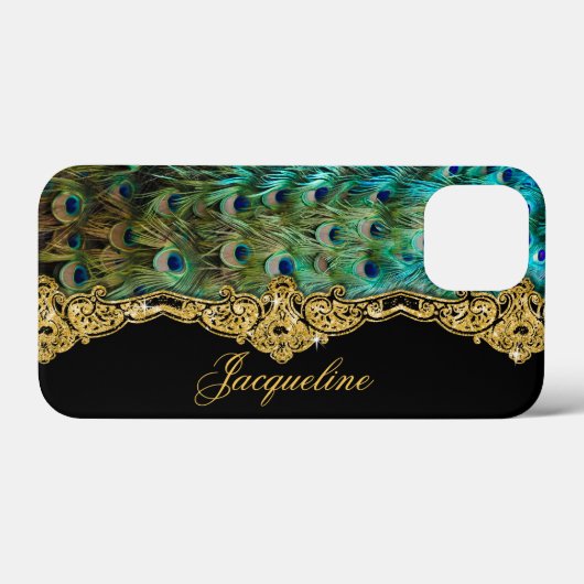 Peacock Feather Gold Glitter  Script Name Case-Mate iPhone Case (Achterkant (horizontaal))