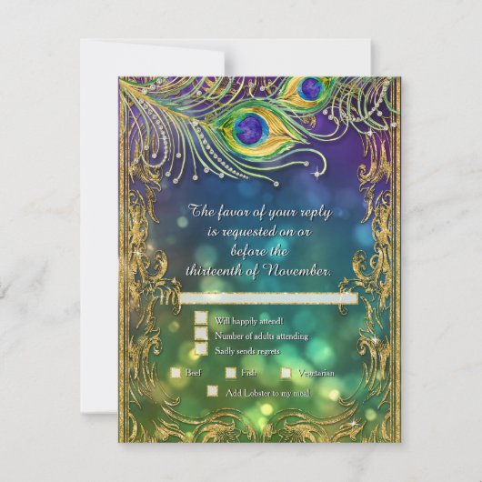 Peacock Feather Gold Glitter Wedding Menu RSVP (Voorkant)