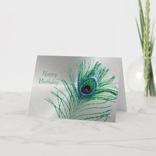 Peacock Feather Green Glitter Silver Birthday Kaart