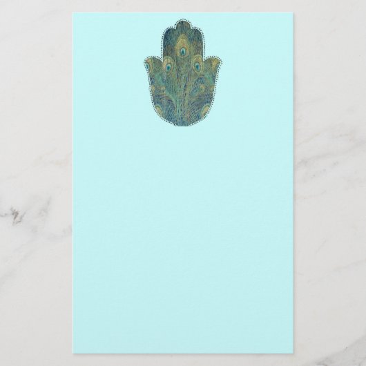 Peacock Feather Hamsa Briefpapier (Voorkant)
