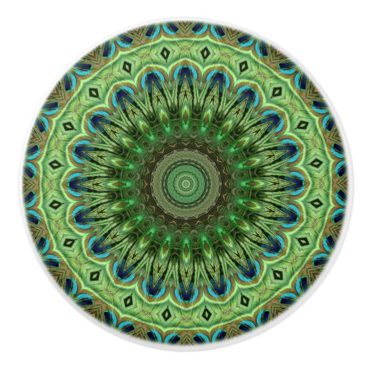 Peacock Feather Mandala Emerald en Blue Symmetry Keramische Knop (Voorkant)