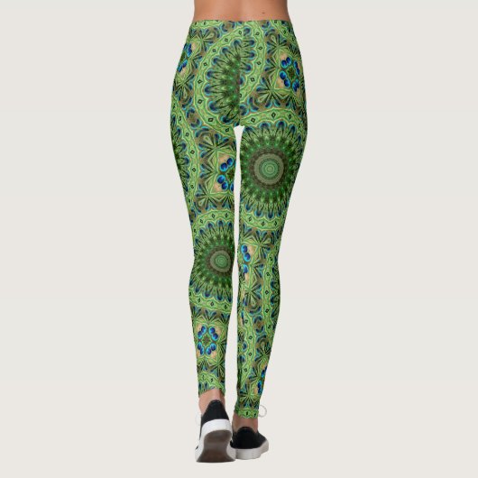 Peacock Feather Mandala Emerald en Blue Symmetry Leggings (Achterkant)