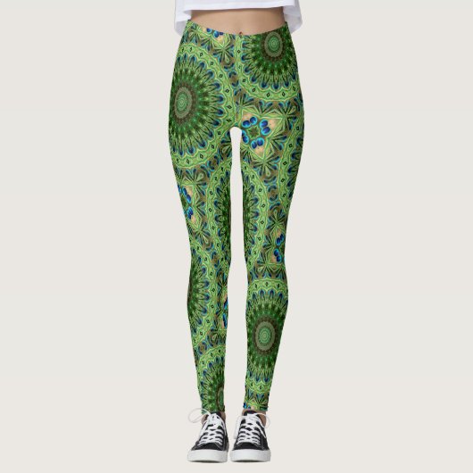 Peacock Feather Mandala Emerald en Blue Symmetry Leggings (Voorkant)