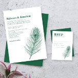 Peacock Feather Minimal Green Wedding Carte RSVP<br><div class="desc">La carte de boîtier RSVP de mariage minimaliste présente une illustration élégante de la ligne de plumes paon dans un thème couleur vert émeraude. Design typographique moderne et épuré, cette carte mariage est prête pour vous permettre de customiser avec les détails de votre journée spéciale. Faisant partie d'une gamme toujours...</div>