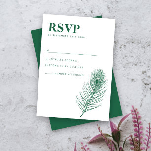 Peacock Feather Minimal Green Wedding Carte RSVP