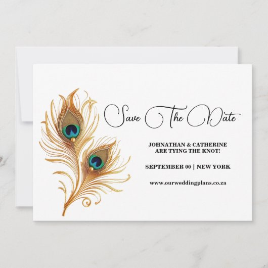 Peacock feather minimalist plain save the date kaart (Voorkant)