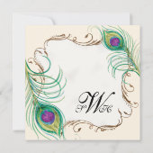 Peacock Feather n Swirls Modern Wedding Invitation Kaart (Achterkant)