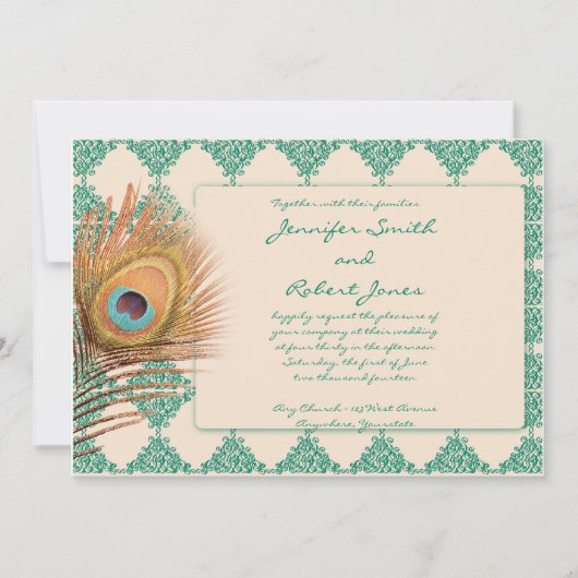 Peacock Feather on Blauwgroen Tile Wedding Invitat Kaart (Voorkant)