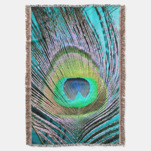 Peacock Feather op Turquoise Deken