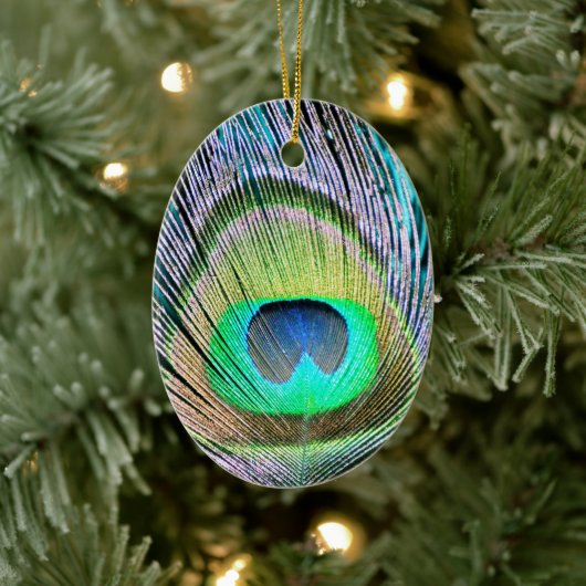 Peacock Feather op Turquoise Keramisch Ornament (Boom)
