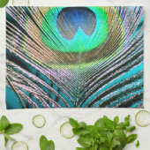 Peacock Feather op Turquoise Theedoek (Gevouwen)
