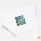 Peacock Feather op Turquoise Vierkante Sticker (Envelop)
