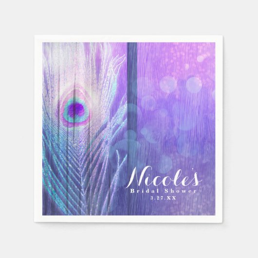 Peacock Feather Paarse Glam Boho Chic Custom Party Servetten (Voorkant)