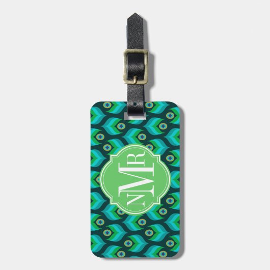 Peacock Feather Pattern Monogram Gepersonaliseerd Bagagelabel (Voorkant verticaal)