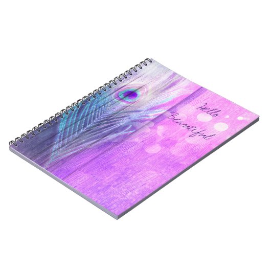 Peacock Feather Pink & Blue Boho Chic Glam Custom Notitieboek (Linkerzijde)