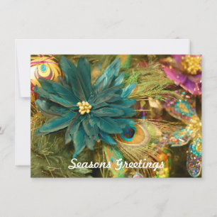 Peacock Feather Poinsettia Flat Christmas Card Feestdagenkaart