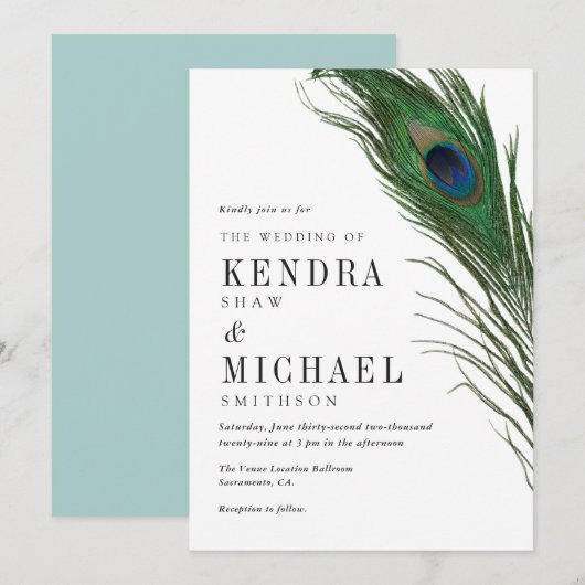 Peacock Feather Poise Green Back Wedding Invite Kaart (Voorkant / Achterkant)