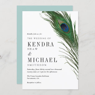 Peacock Feather Poise Green Back Wedding Invite Kaart