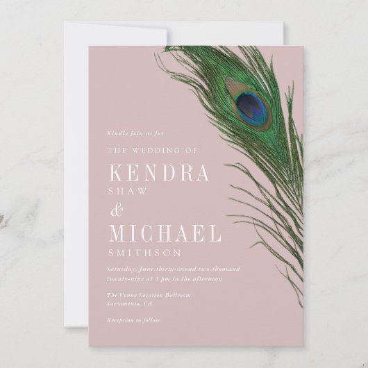 Peacock Feather Poise Peach Theme Weddenschap Invi Kaart (Voorkant)