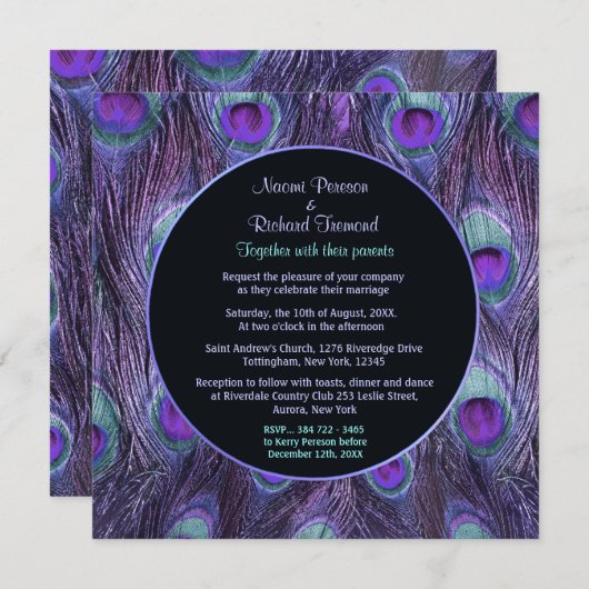 Peacock Feather Purple Drame Faire-part de mariage (Devant / Derrière)