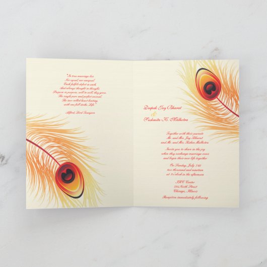 Peacock Feather Red Wedding Folded Uitnodiging (Binnen)