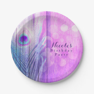 Peacock Feather Roze & Blauw Boho Chic Custom Part Papieren Bordje