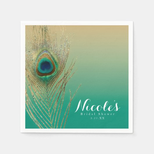 Peacock Feather Sand en Blauwgroen Boho Party Rece Servetten (Voorkant)